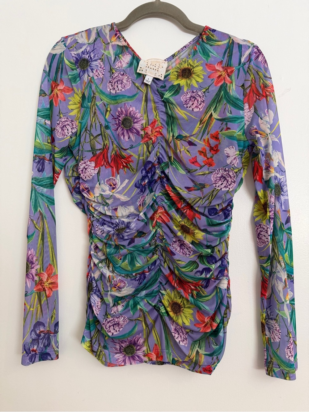 Floral Ruched Long-Sleeve Top - Lavender Floral by Johnny WAS